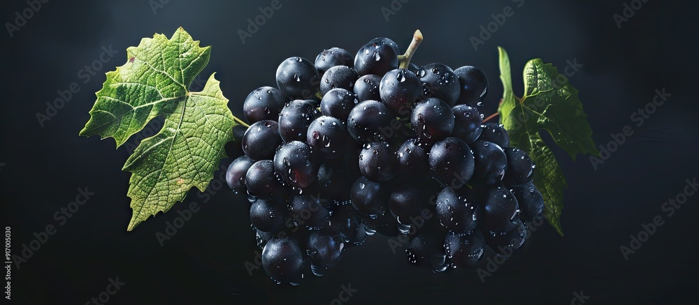 Poster a bunch of rich dark grapes on a vine with a blank space for writing or images to be added in market