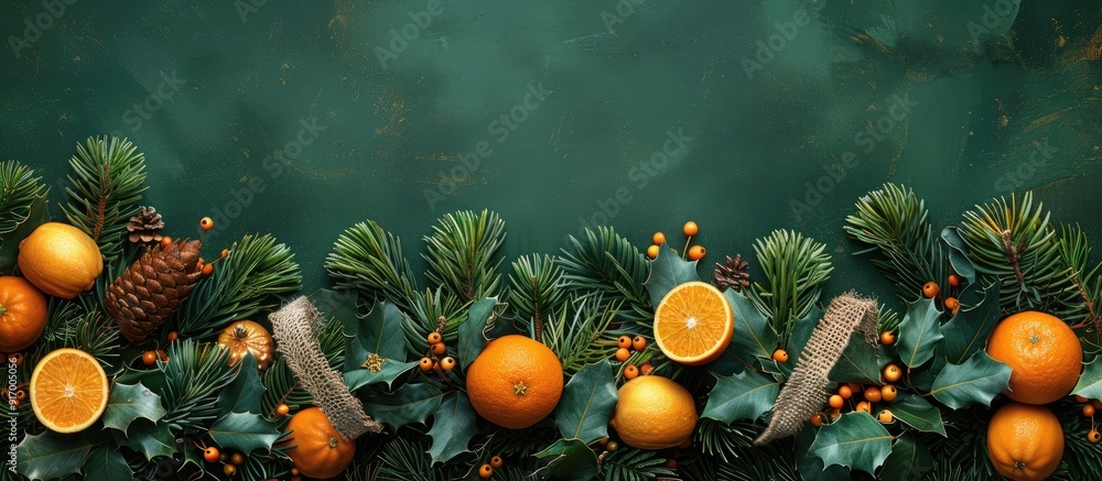Poster christmas and new year backdrop with a festive arrangement of spruce garlands burlap and oranges cre