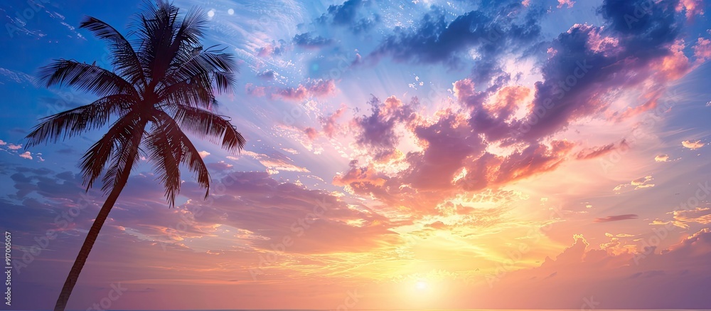 Poster Sunrise silhouette of a sugar palm tree with clouds creates a beautiful color effect in the sky ideal for a copy space image