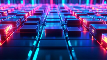 Obraz premium Abstract background with glowing neon lights and reflective cubes. Futuristic technology concept.