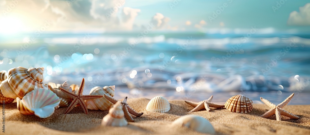 Poster copy space image with seashells starfish and a sandy beach backdrop blending into the ocean