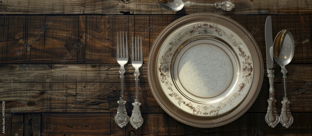 Poster top down view of an elegant table setting with silverware and dish on a wooden surface ample room fo