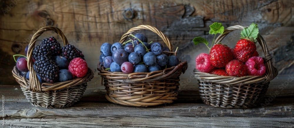 Poster Berries ripe and sweet arranged in baskets with a rustic wooden table background providing copy space image