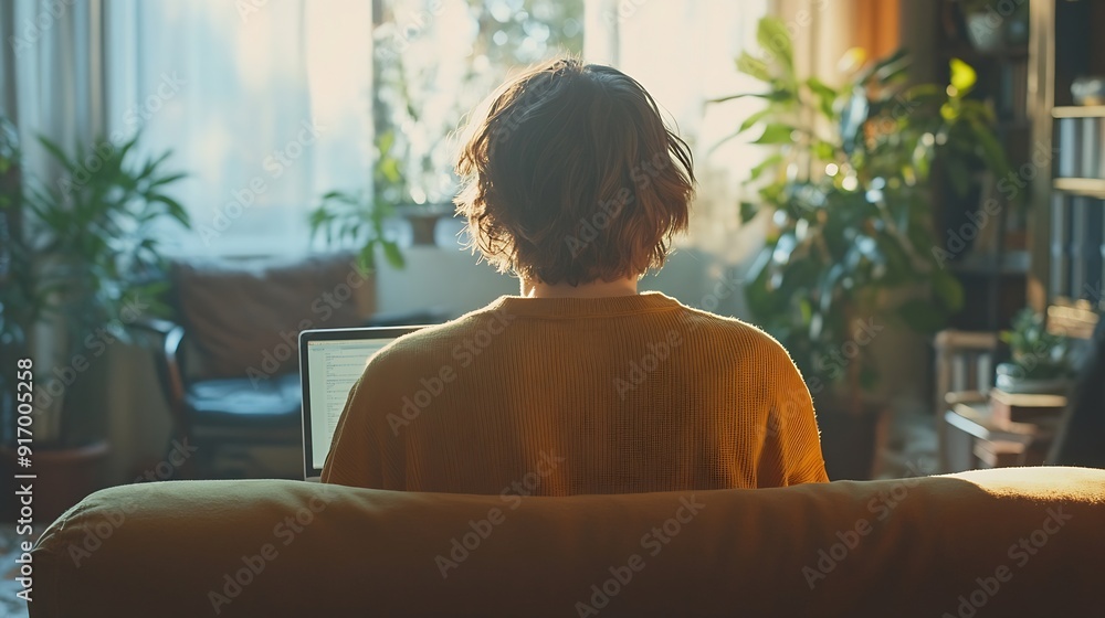 Poster Rear view of young man using laptop computer checking email in morning at home : Generative AI