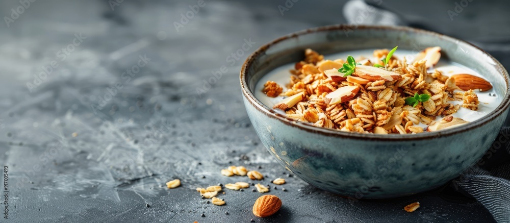 Canvas Prints A healthy breakfast featuring crispy homemade granola topped with sliced almonds in a bowl displayed in a copy space image