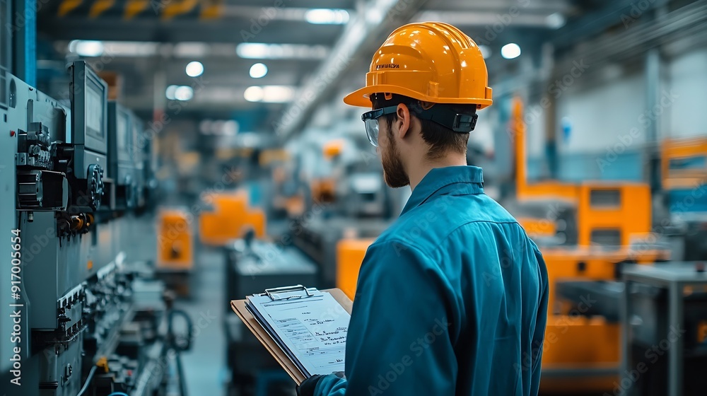 Aufkleber Professional Engineering of modern factory checking  to automatic machinery Engineering with clipboard Programmable Logic Controller to manage large machine working full automatic : Generative AI