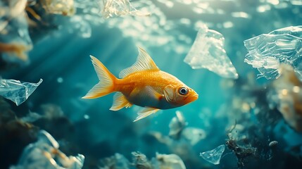 Fototapeta premium Fish Swims Among Plastic Ocean Pollution Plastic Pollution Affects Sea Life Throughout the Ocean Environment Concept : Generative AI