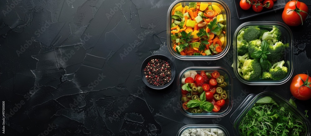 Poster glass containers with various healthy meals arranged neatly on a black table in a flat lay compositi