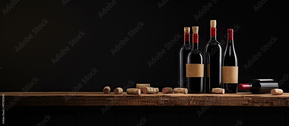 Aufkleber wine bottles and corks displayed on a wooden table against a black backdrop providing an ideal copy 