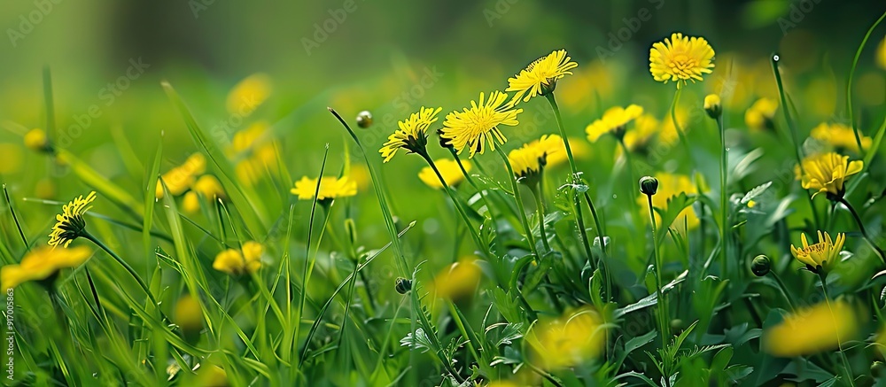 Canvas Prints close up image of wild yellow summer flowers in a green field showcasing a copy space image
