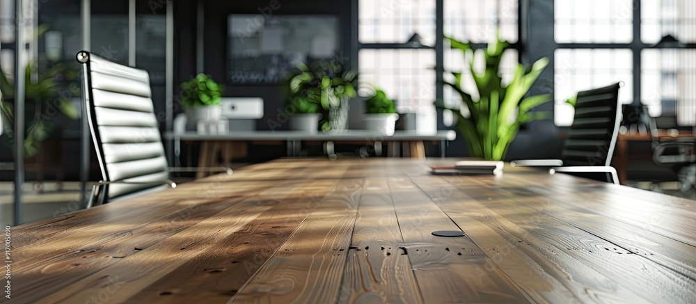 Aufkleber a wooden table placed in front of a sleek office setting creates an ideal copy space image for showc
