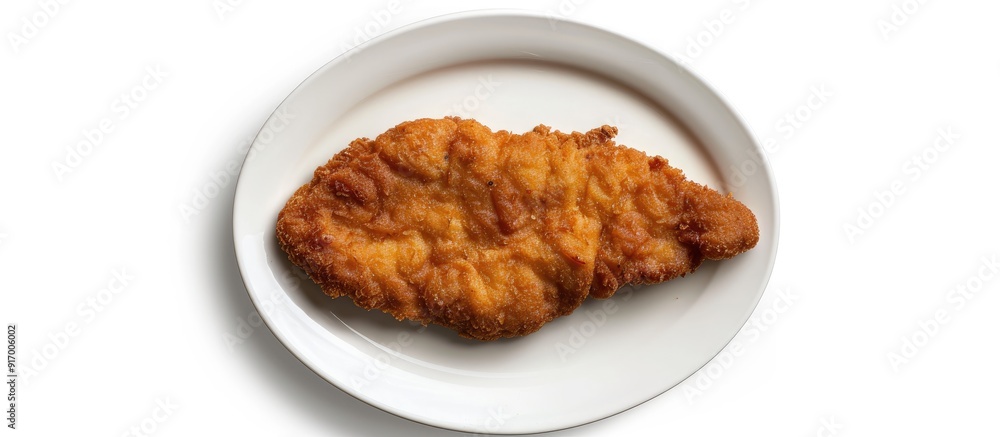 Poster top down view of a breaded wiener schnitzel with sauce on a plate against a white backdrop allowing 