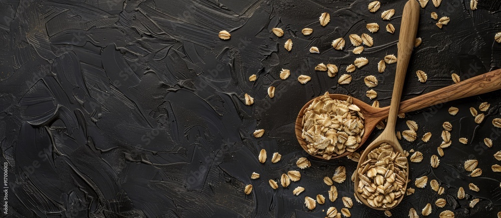 Poster view from above of oats on black with wooden spoon and seeds inscription allowing ample copy space i