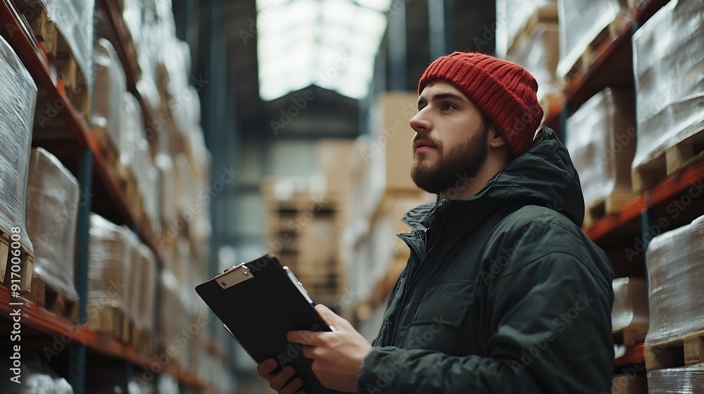 Aufkleber portrait of warehouseman with clipboard checking delivery stock in warehouse warehouse worker prepar