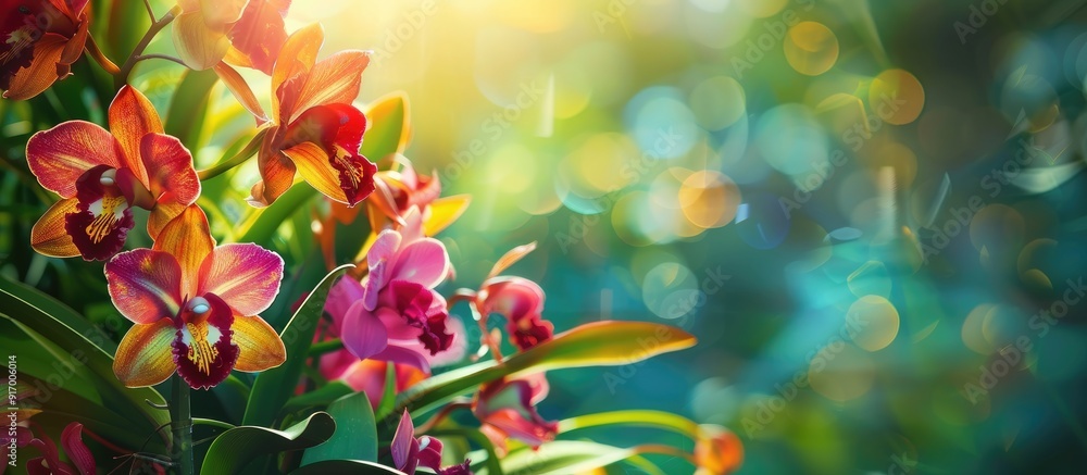 Poster a stunning copy space image captivates with a vibrant display of colorful orchids showcasing their e