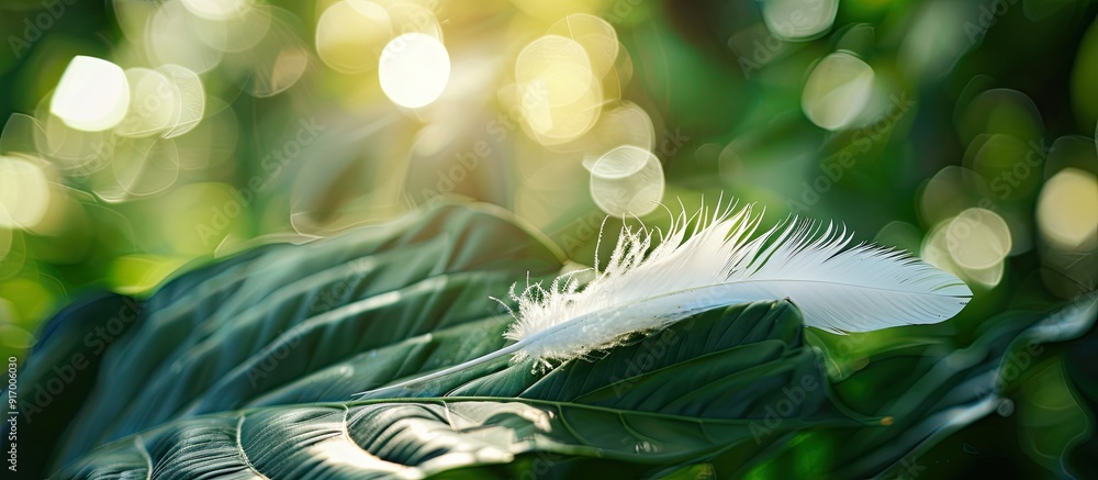 Poster close up shot of a white bird feather on a leaf with a blurred background providing ample copy space