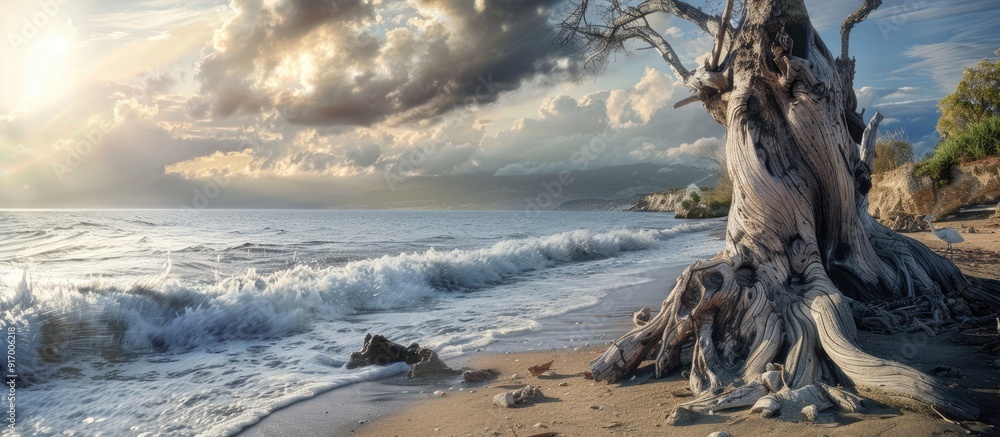 Aufkleber An ancient tree trunk stands tall along the sandy coastline with the sea in the background creating a picturesque scene with copy space image