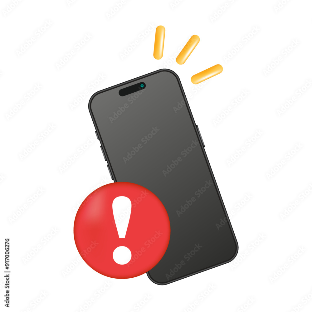 Poster 3d phone with red exclamation mark - smartphone warning, important and alert message notification si