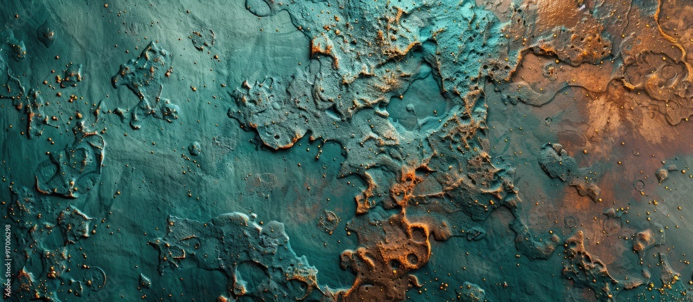 Poster top view of an abstract background with emerald green and rusty textures ideal for design with a ban