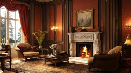 Fototapeta premium An elegant living room with a traditional fireplace, comfortable seating arrangement, and tasteful decorative elements.