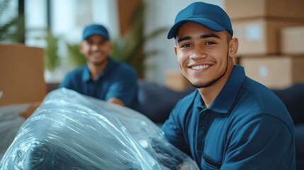 Portrait of a two young smiling male movers packing furniture in the living room Moving service men workers wrapping chair with plastic wrap Move moving day and relocation concept : Generative AI