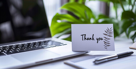 Thank you text lying next to laptop on office desk.