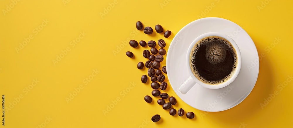 Poster top view of a white coaster and coffee cup with coffee beans on a yellow backdrop in a mockup settin