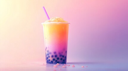 An enticing image of a cup of bubble tea with a straw, showcasing the tapioca pearls and vibrant drink colors on a white background.