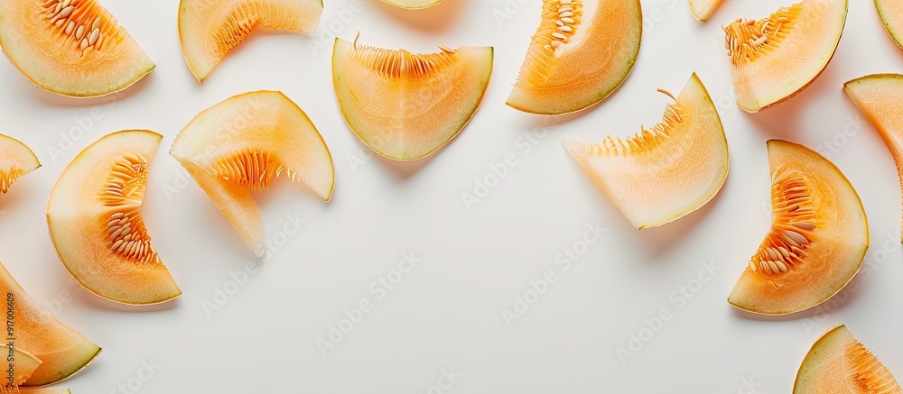 Poster arrangement of melon peel sections on a white backdrop with copy space image