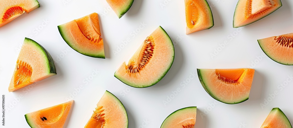 Poster melon slices on a plain white backdrop with available copy space image