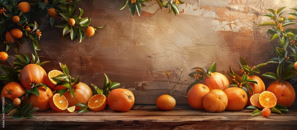 Poster copy space image of various citrus fruits like oranges tangerines and mandarins displayed on a rusti