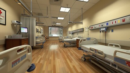 Obraz premium Hospital Ward with Empty Beds and Medical Equipment