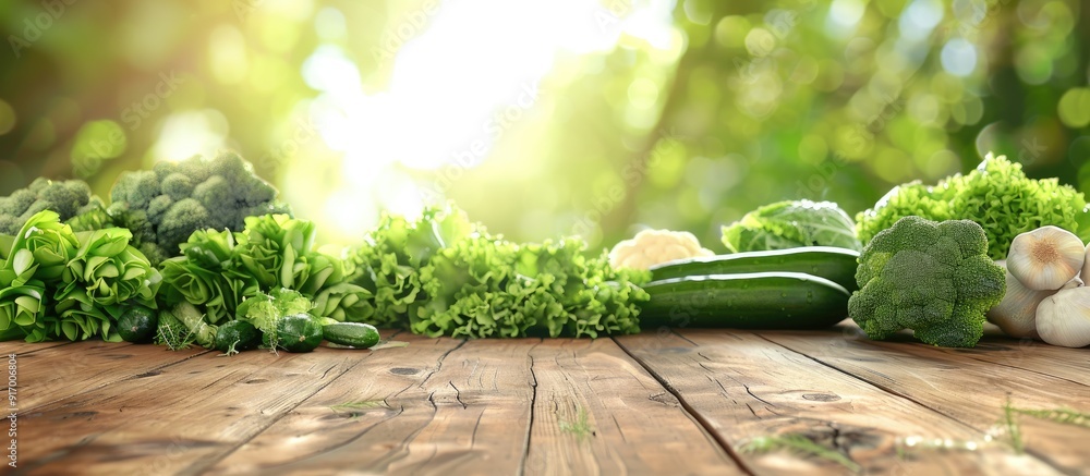 Aufkleber a variety of green vegetables displayed on a wooden table conveying a healthy food theme alongside a