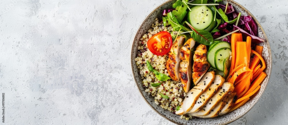 Poster view from above of a nutritious dish with delicious vegetables quinoa and chicken breast in a bowl o