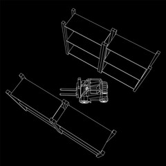 Forklift Loader lift truck in warehouse near rack. Wireframe low poly mesh vector illustration.