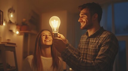 Happy family couple changing a LED lightbulb at home Joyful young man and woman standing on a step ladder and changing an energysaving light bulb in a white lamp on the ceiling : Generative AI