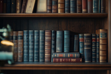 Fototapeta premium Pile of book on wooden bookshelf with sunlight, Close up shot of book on shelf in library.