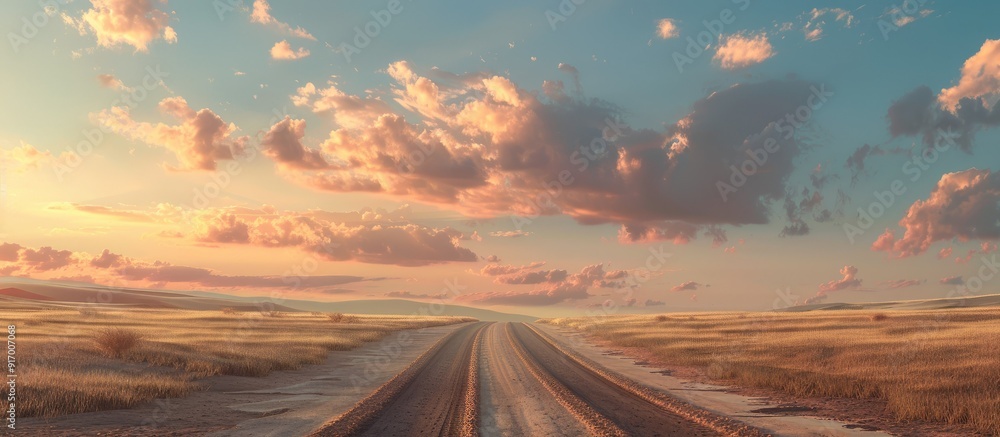 Poster a scenic road with tire tracks set against a picturesque sky in the background creating a beautiful 