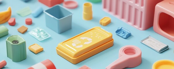 Colorful geometric shapes on a pastel blue background.