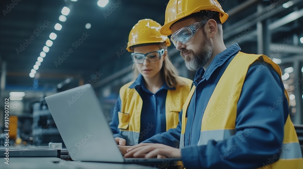 Poster factory engineer manager with assistant using laptop to conduct inspection of steel industrial machi