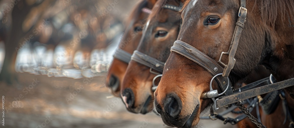 Poster Close up image of horses harnessed with copy space image