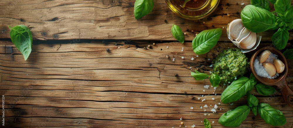 Poster italian basil pesto sauce ingredients on a textured wooden backdrop with space for text. copy space 
