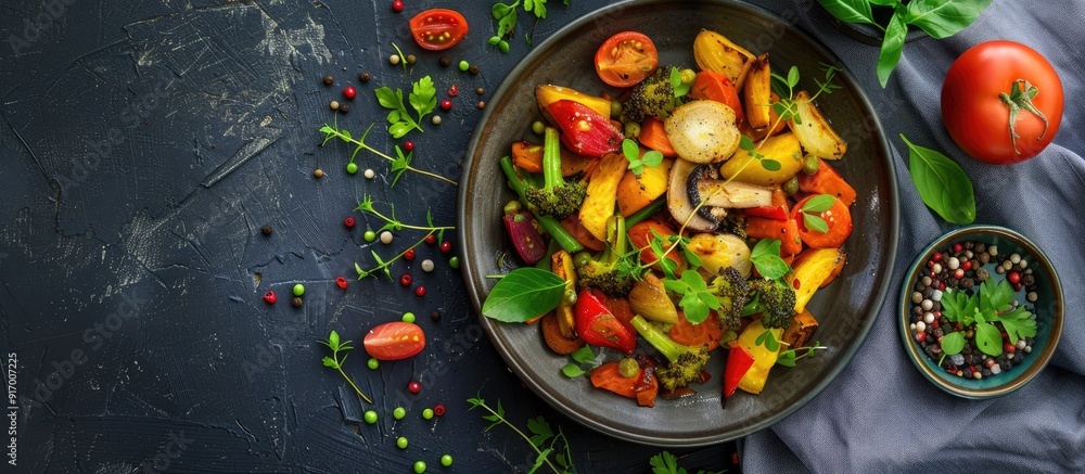 Poster top down view of a scrumptious vegetable stew on a plate with ample copy space image