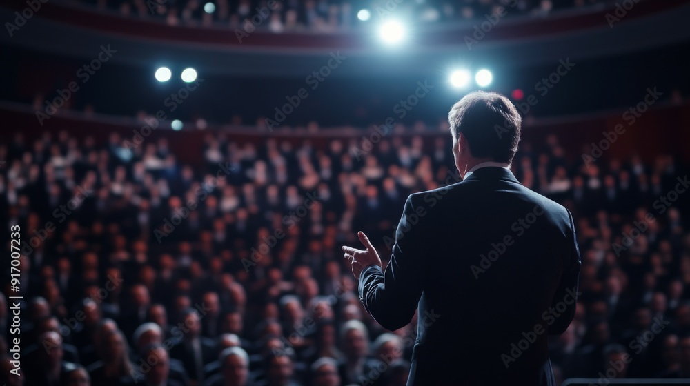 Poster an image of a business leader giving a speech at a conference, with a large audience listening inten