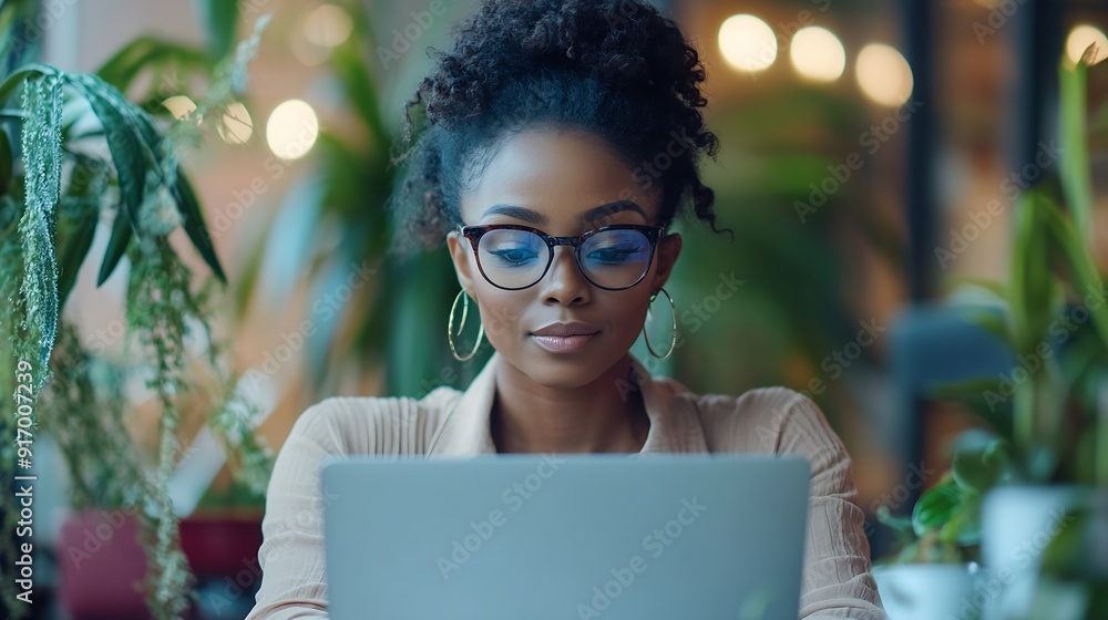 Poster coffee laptop and thank you with a designer black woman at work in her office on a creative project 