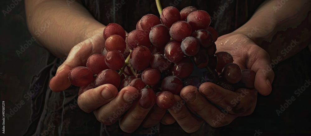 Poster hands holding bunches of red grapes with copy space image available