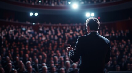 Fototapeta premium An image of a business leader giving a speech at a conference, with a large audience listening intently.