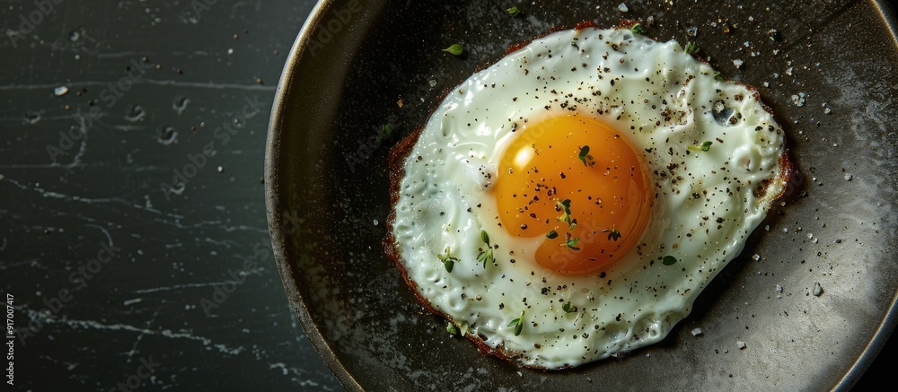 Poster top down perspective of a sizzling egg on a plate with room for additional elements in the image
