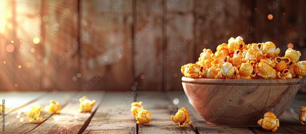 Poster cheese and caramel popcorn on a wooden backdrop ideal for movie night a scrumptious treat and appeti
