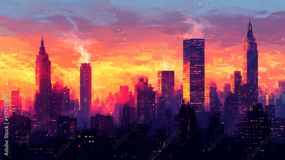 Poster an image of a cityscape with towering skyscrapers as the sun sets, showcasing the changing colors of
